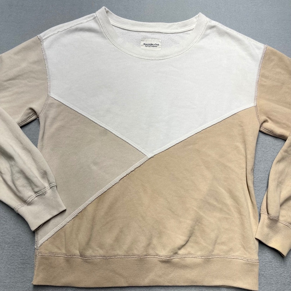 Abercrombie Fitch Color Block Crewneck Sweatshirt Cream Tan Beige Size S‎